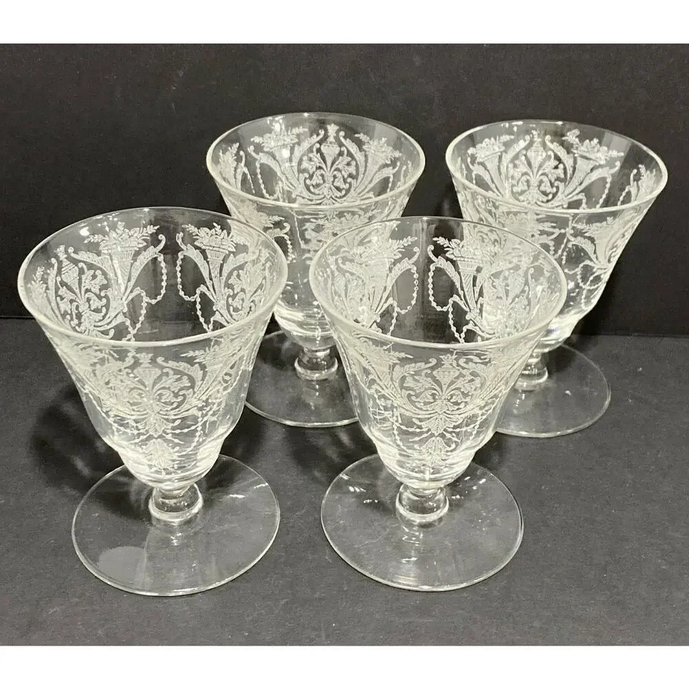 Morgantown etched crystal Milan pattern oyster cocktail glasses 1920's Art Deco